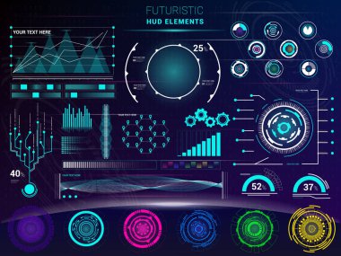 Senitehlikeye vektör spacepanel ve hud Pano futuristicwith dijital interfacial uzay gemisi illüstrasyon set ekranda bar üzerine hologram teknolojisi arayüz oluşturma arabirimi