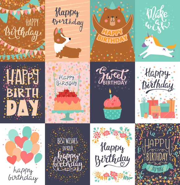 İyi ki doğdun kartı vektör yıldönümü Tebrik Kartpostalı yazı ve çocuklar doğum yeni yıl eğlencesi daveti kek veya hediye illüstrasyon kümesiyle tipografi için Childs'ın posta kartları ile — Stok Vektör