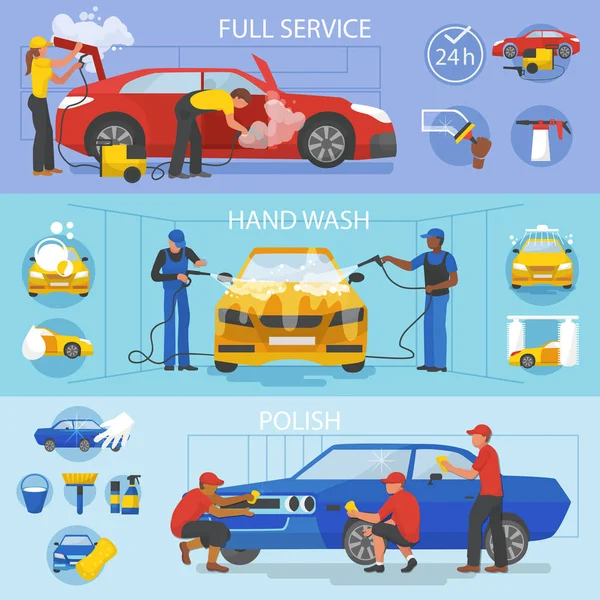 Car wash vector car-washing service with people cleaning auto or vehicle illustration set of car-wash and characters washers or cleaners polishing automobile isolated on white background — Stock Vector