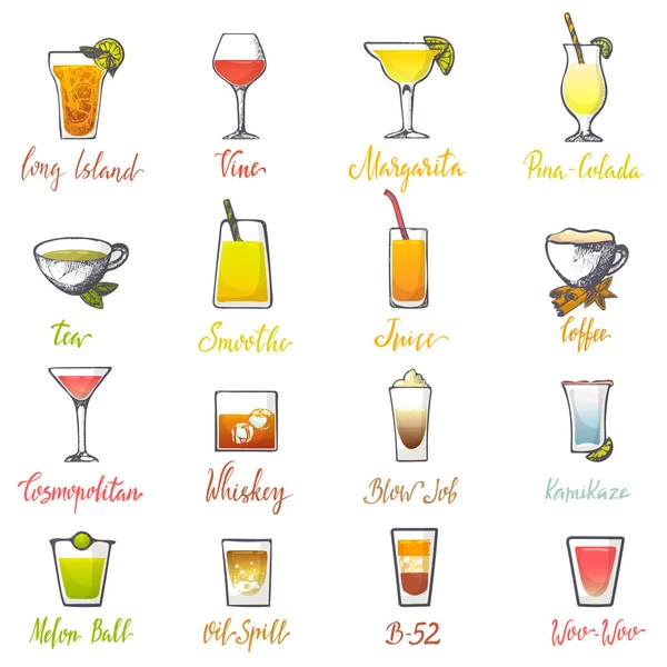 Bebidas vetor bebida alcoólica e coquetel bebível com gelo em vidro na barra ilustração conjunto de refresco de suco de álcool isolado em fundo branco —  Vetores de Stock