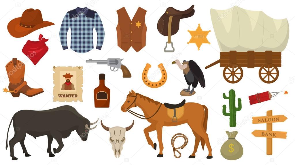 Wild west vector western cowboy or sheriff signs hat or horseshoe in wildlife desert with cactus illustration wildly horse character for rodeo set isolated on white background
