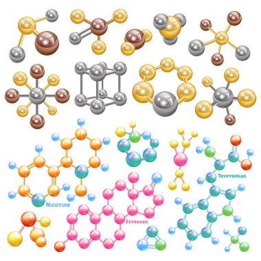 Molekül vektör moleküler Kimya veya Biyoloji ve tıp teknolojisi illüstrasyon küme beyaz arka plan üzerinde izole tıbbi ya da kimyasal bilim atom