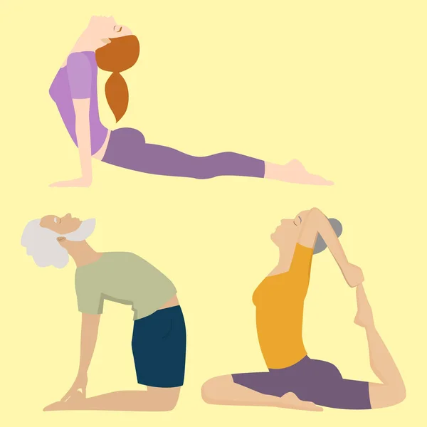 Yoga Posiciones Personajes Clase Meditación Personas Concentración Paz Humana Vida Vector Ilustración . — Archivo Imágenes Vectoriales