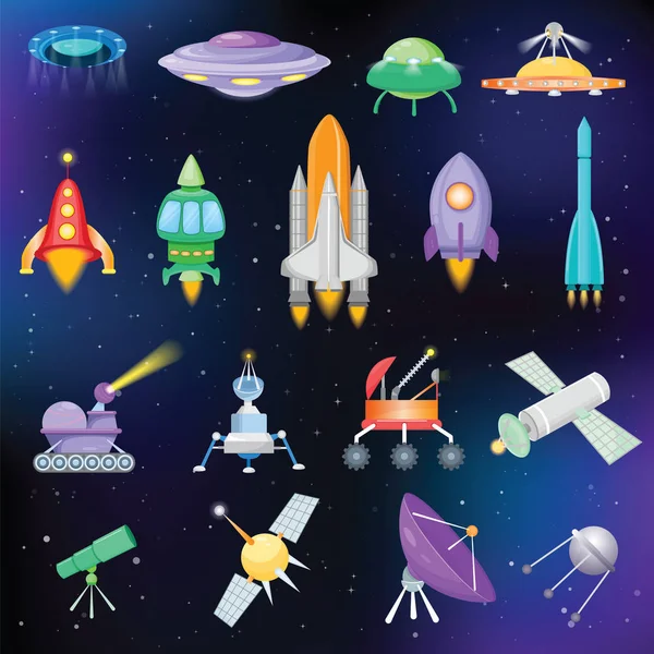 Statek kosmiczny wektor rakiet lub statkach kosmicznych i satelitarnych oraz zestaw do przypraw ilustracja ufo statek rozmieszczone lub rocketship w przestrzeni wszechświata na białym tle na tle — Wektor stockowy