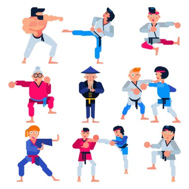 Karate vektör dövüş sanatları karate-do karakter eğitim saldırı beyaz arka plan üzerinde izole judo veya taekwondo spor pratik spor giyim adam veya kadın ve yaşlı insanlarda kümesi illüstrasyon