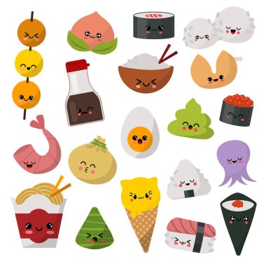 Kawaii gıda vektör ifade Japon suşi karakter ve emoji sashimi rulo ile karikatür pirinç Japonya Restoran illüstrasyon izole beyaz arka plan üzerinde yüz duygularla Asya Mutfağı ayarla