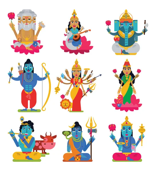 Ινδική Θεός διάνυσμα ινδουιστική θεότητα της θεάς χαρακτήρα και ο Ινδουισμός θεοειδής idol Γκανέσα σε Ινδία εικονογράφηση σύνολο Ασιατική θρησκεία ευσεβή που απομονώνονται σε λευκό φόντο — Διανυσματικό Αρχείο