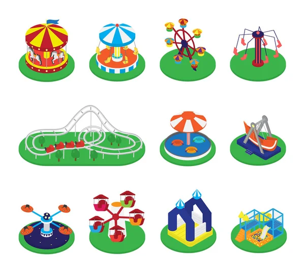 Carrousel vecteur manège ou rond-point et carnaval icônes de cirque de parc d'attractions illustration ensemble de carrousels d'attraction ronde isolé sur fond blanc — Image vectorielle