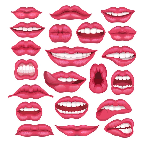 Lip vector cartoon belos lábios vermelhos no beijo ou sorriso e moda batom e sexy boca beijando adorável no dia dos namorados conjunto ilustração isolada no fundo branco — Vetor de Stock
