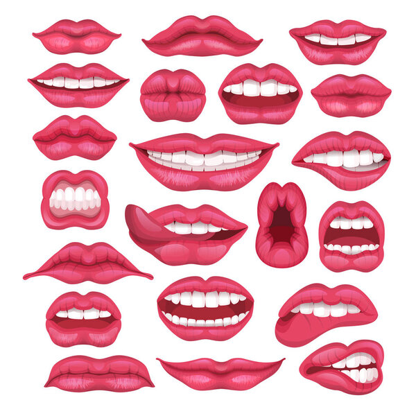 Lip vector cartoon beautiful red lips in kiss or smile and fashion lipstick and sexy mouth kissing lovely on valentines day set illustration isolated on white background