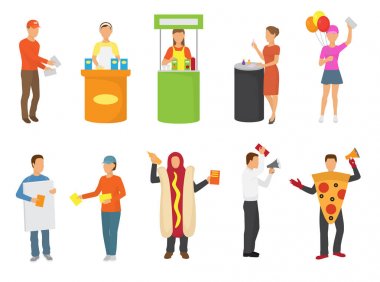 Reklam insanlar reklam promo stand veya illüstrasyon adam beyaz arka plan üzerinde izole reklamı el ilanları dağıtma kostüm dizi teşvik reklamveren veya organizatörü karakter vektör