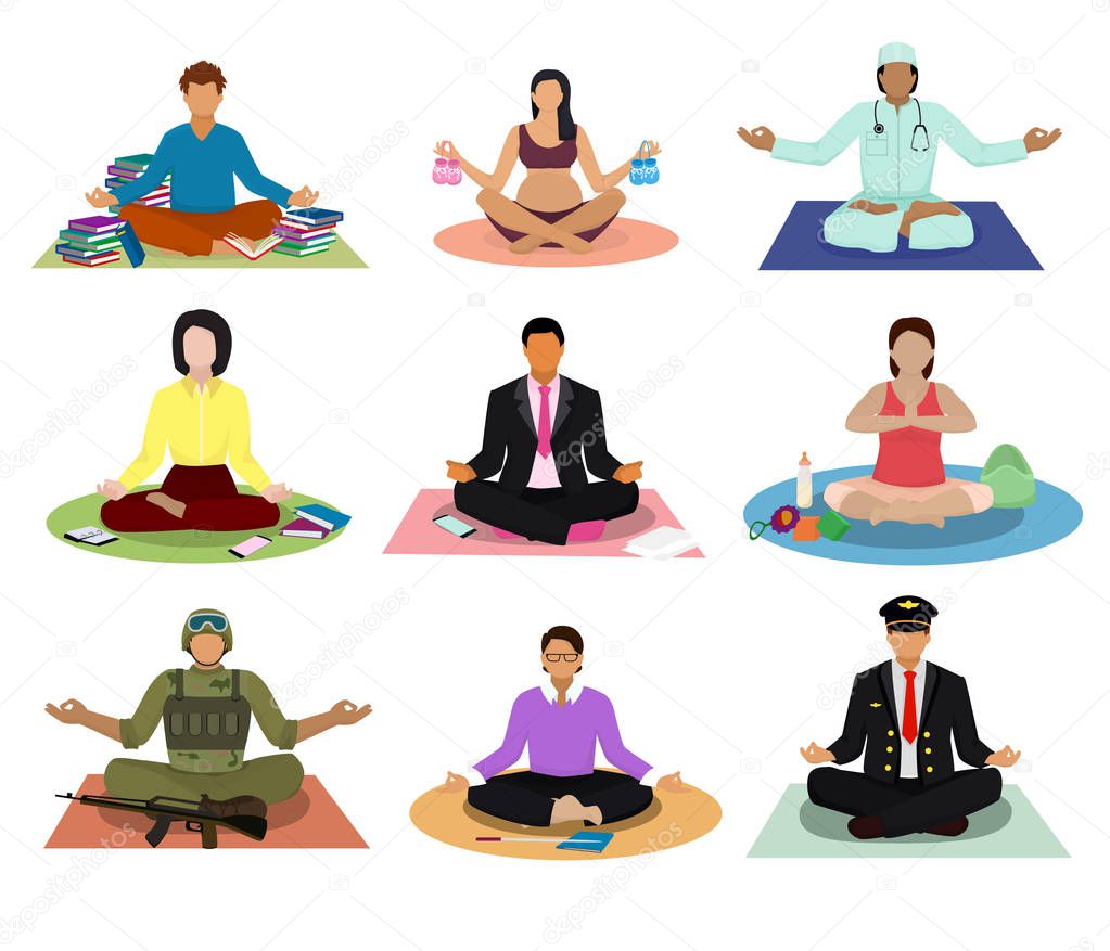 Meditation vector meditating people practice yoga and characters of pregnant woman or businessman meditate in lotus position illustration set of men in meditativeness pose isolated on white background