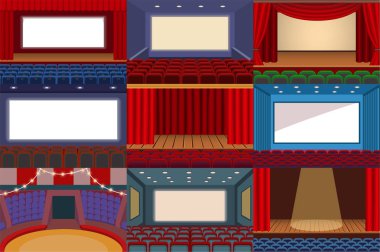 Tiyatro vektör Tiyatro sahne ve tiyatro opera performansı illüstrasyon sinema salonlarında beyaz arka plan üzerinde izole perdeler ile sinema iç ve eğlence gösterisi ayarla
