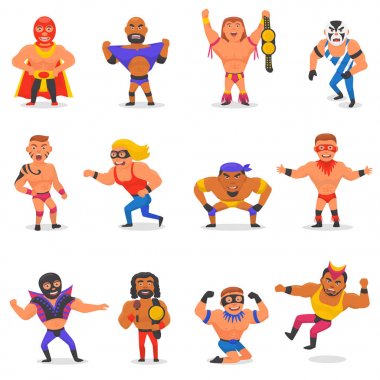 Güreşçi vektör maskeli adam karakter ve beyaz arka plan üzerinde izole kostüm güreşi sporcu mücadele illüstrasyon dizi güreş luchador maskeleme