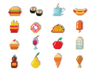 Piksel sanat gıda bilgisayar tasarım simgeler vektör çizim Restoran pixelated öğe lokanta retro oyun web grafik.