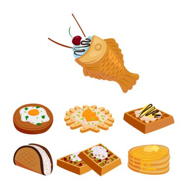 Farklı gofret kurabiye Kek pasta kurabiye bisküvi lezzetli aperatif krem tatlı çıtır ekmek yiyecek vektör çizim waffle