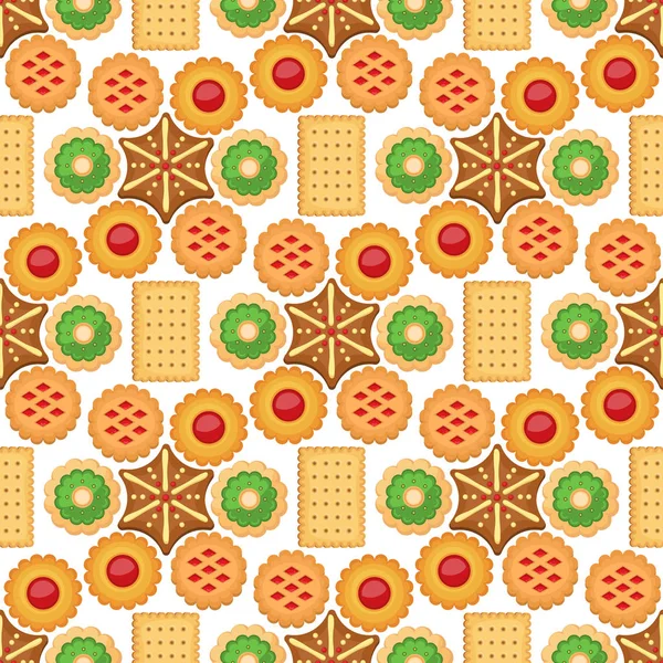 Diferentes pasteles de galletas patrón sin costuras fondo dulce comida sabrosa merienda galleta dulce postre vector ilustración . — Vector de stock