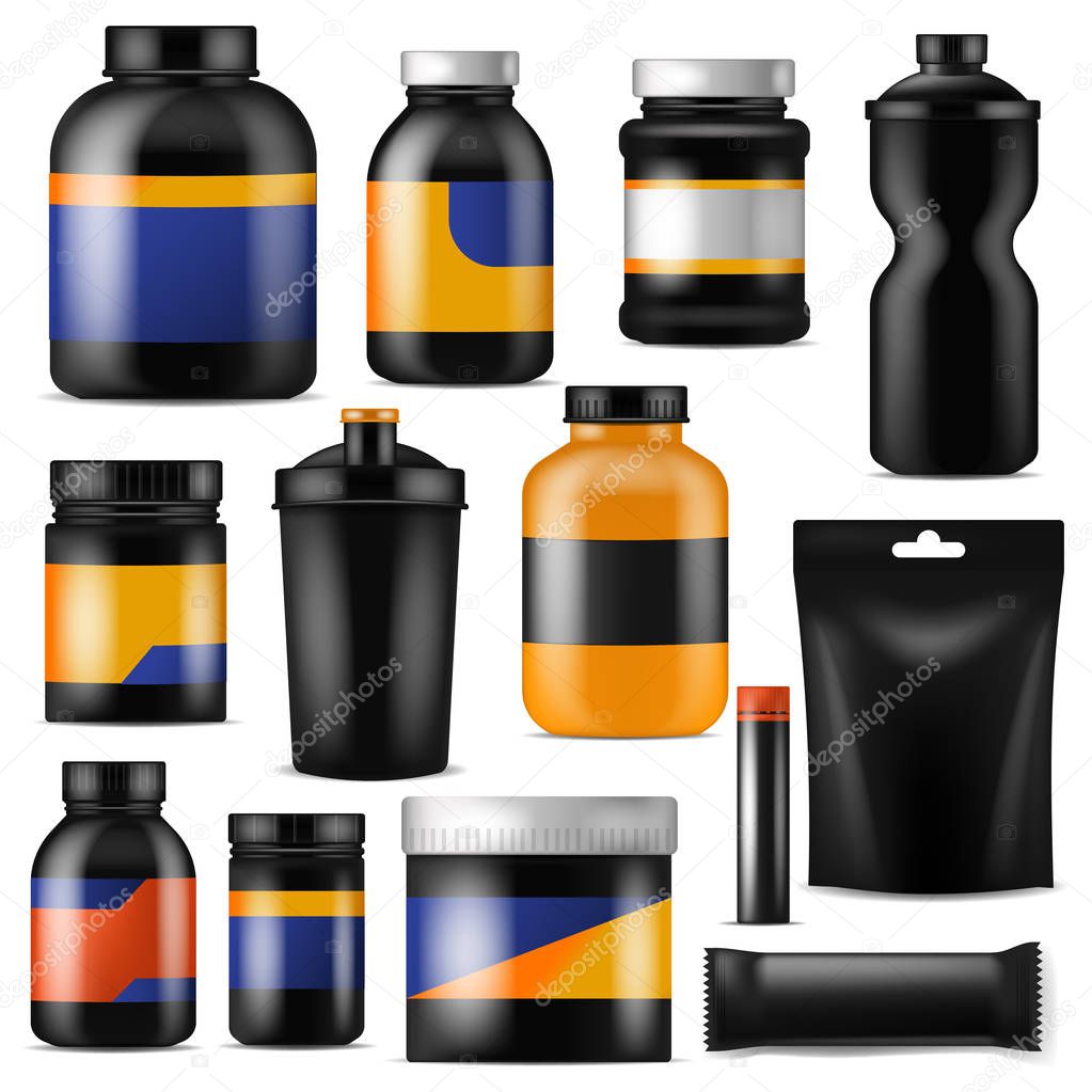 Bodybuilding nutrition vector branding fitness sport nutritional supplement with protein in branded bottle for bodybuilders illustration set isolated on white background