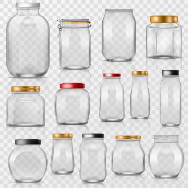 Cam Kavanoz vektör mason cam kapaklı boş ya da konserve ve illüstrasyon bardak dizi kapsayıcı veya Saydam arka plan üzerinde izole cuppingglass korumak için kapak