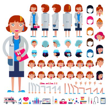 Doktor Oluşturucu vektör inşaat kadın tıbbi karakter grubunun kafa ve yüz duygular illüstrasyon hastane kişi vücudunun beyaz arka plan üzerinde izole eller bacaklar oluşturulması