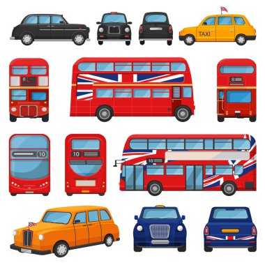 Arka plan beyaz Londra araba vektör İngiliz taksi taksi ve İngiltere'de Birleşik Krallık'taki turizm taşımacılık araç ya da İngiliz otomobil tarafından İngiltere'ye illüstrasyon kümesindeki taşıma için kırmızı otobüs izole