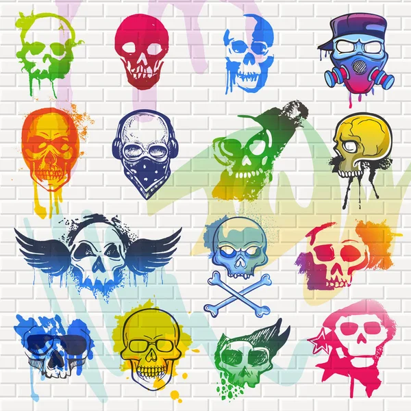 Skull vector mexican dead head and crossbones and human tattoo illustration thick-skulled set of horror symbol of death or evil in Mexico and graffiti isolated on brick wall background — Stock Vector