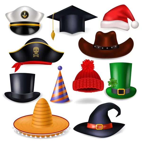 Tecknad hatt vektor komiska cap för att fira födelsedag eller Chrisrmas med huvudbonader eller huvud-klänning santa hatt eller pirat illustration uppsättning roliga huvudbonader cowboy eller häxa isolerat på vit bakgrund — Stock vektor