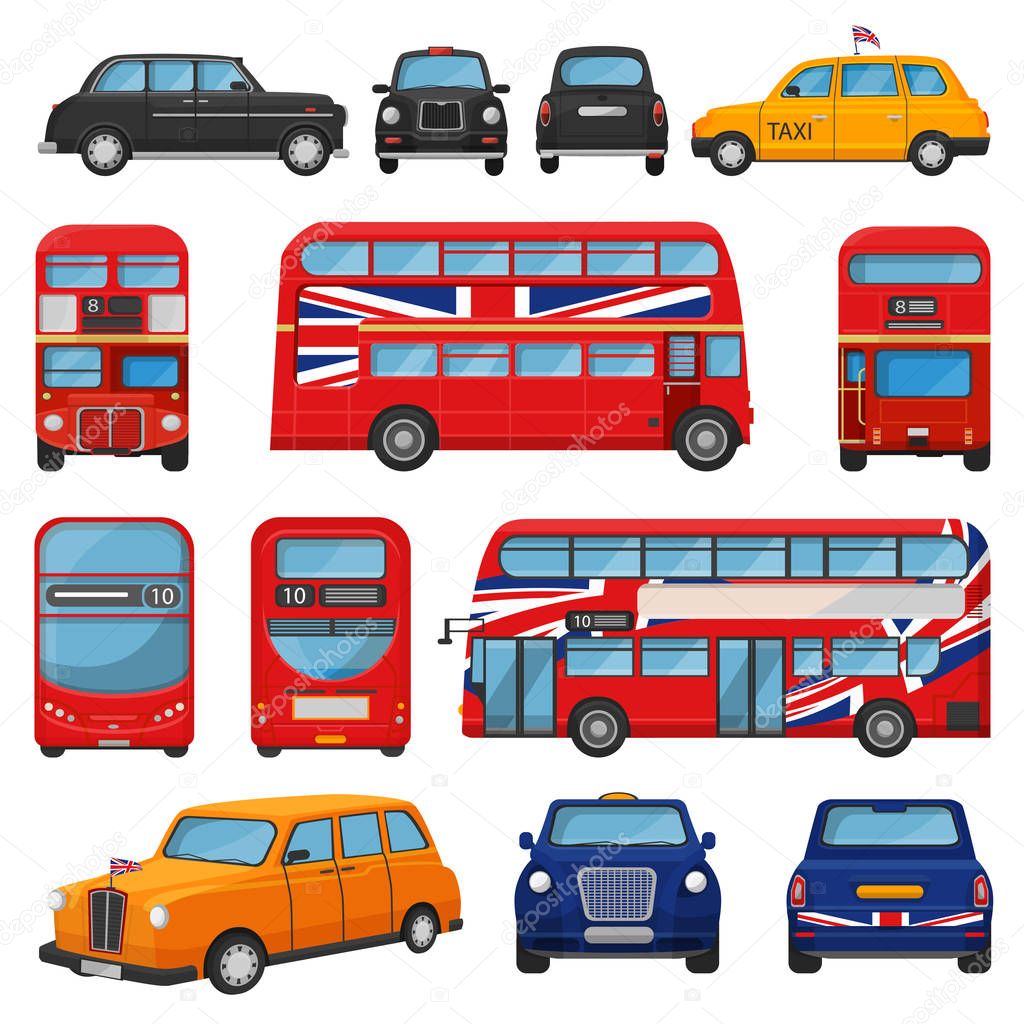 London car vector british cab taxi and uk red bus for transporting in england illustration set of tourism transportation in united kingdom by vehicle or english automobile isolated on white background