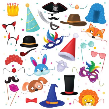Maske vektör çocuklar karnaval kılık şapka çocuk maskeli parti ve Karikatür hayvan maskeleri resimde kümesi için maskeli çocuk ve beyaz arka plan üzerinde izole doğum günü kutlaması için şapkalar