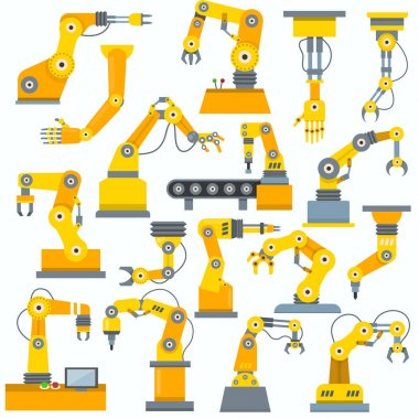 Robot kol vektör robot makine el organize ekipman robotechnic beyaz arka plan üzerinde izole sektöründe mühendis karakterinin üretim çizim kümesindeki