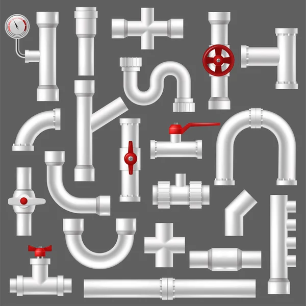 Tuyau tuyauterie vectorielle pipeline ou tuyauterie tuyauterie construction du système de tuyauterie illustration ensemble de tubes en plastique avec vannes isolées sur le fond — Image vectorielle