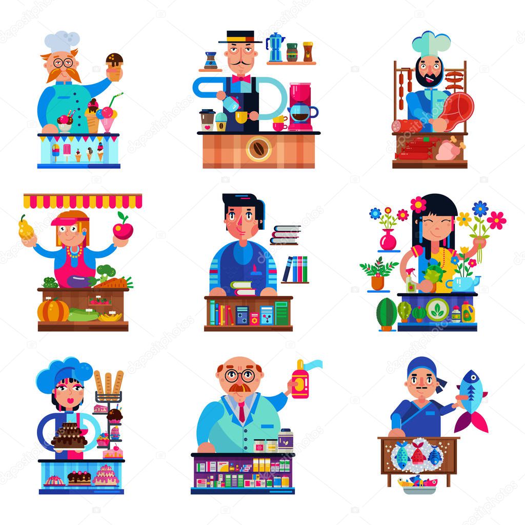 Seller vector salesman character selling in bookshop candyshop or coffeeshop and butcher or baker in stall illustration set of people sale in grocery or confectionery isolated on white background