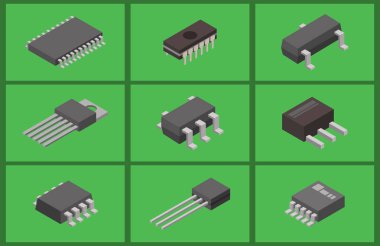 Mikroçip bilgisayar vektör izometrik çip teknolojisi işlemci devre elektronik Pano anakart bilgi sistemi çizim.