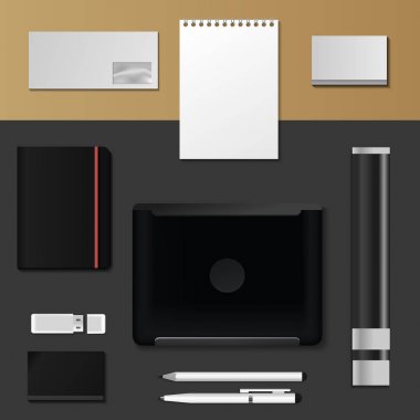 Kurumsal kimlik mock-up vektör premium şablonu illüstrasyon marka iş Ofis Kırtasiye gerçekçi 3d mockup üstten görünüm ayarlama.