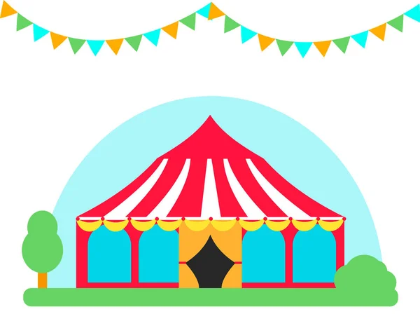 Cirkuszi show szórakozás sátor sátor szabadtéri fesztivál csíkok zászlók karnevál vektoros illusztráció. — Stock Vector