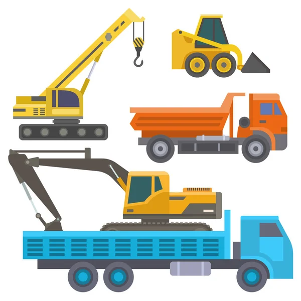 Építési szállítási teherautó vektor közlekedési jármű konstrukció és a közúti fuvarozás, gépi berendezések nagy platform ipari teherautó illusztráció. — Stock Vector