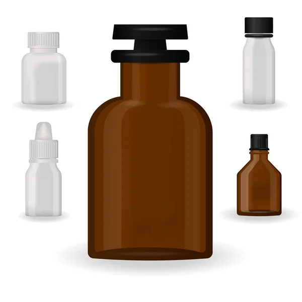 Botol template mockup kosong farmasi lecet pil dan kapsul tabung wadah untuk obat-obatan plastik bersih kemasan untuk obat vektor ilustrasi . - Stok Vektor