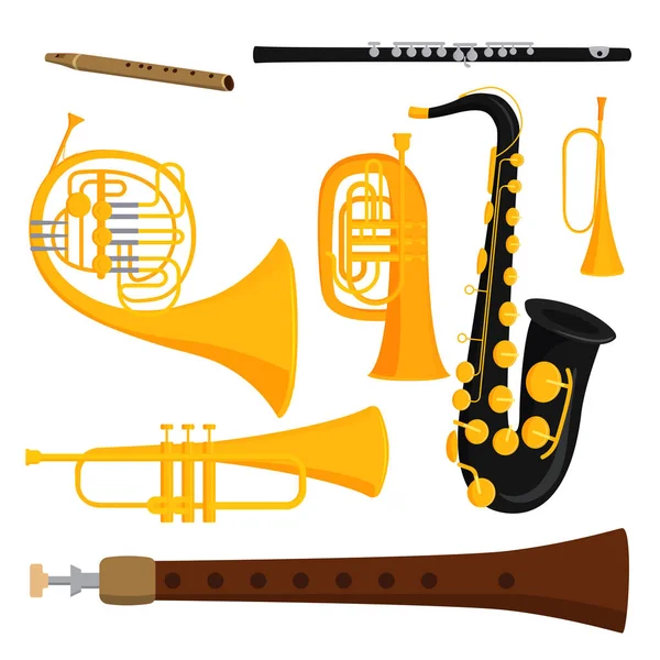 Άνεμος μουσικά όργανα εργαλεία ακουστική μουσικός εξοπλισμός ορχήστρα διανυσματικά εικονογράφηση — Διανυσματικό Αρχείο