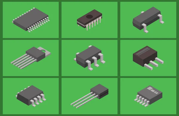 Microchip vektor komputer isometric chip Teknologi sirkuit prosesor papan elektronik Sistem informasi motherboard ilustrasi . - Stok Vektor