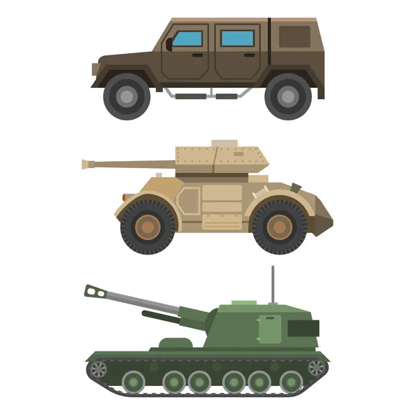Transporte militar vector vehículo técnico ejército guerra tanques e industria armadura defensa transporte arma ilustración . — Vector de stock