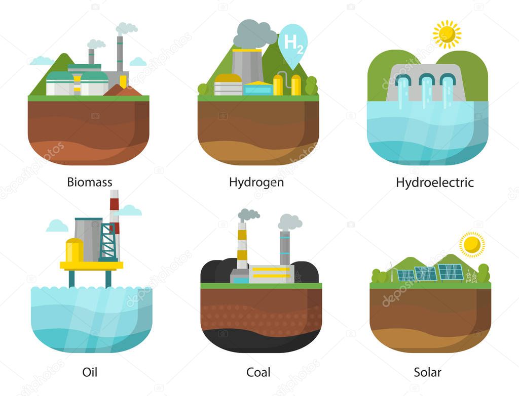 Generation energy types power plant vector renewable alternative source solar and tidal, wind and geothermal, biomass and wave illustration.