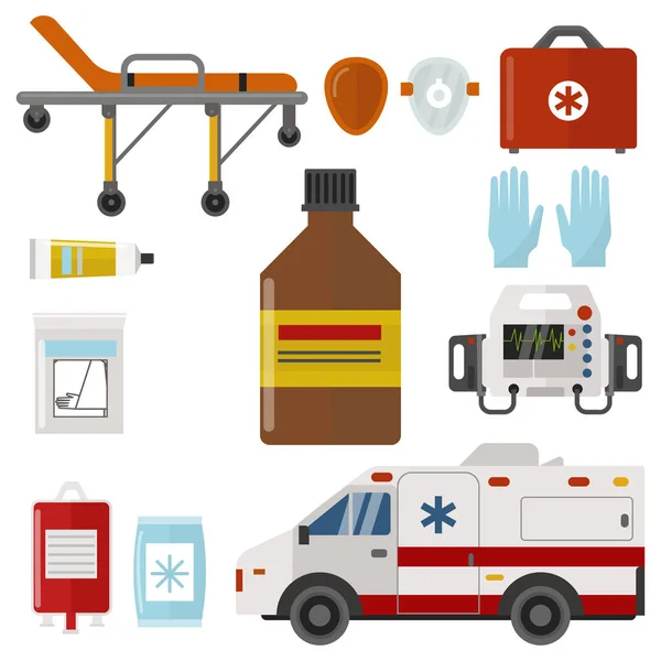 Ambulance pictogrammen geneeskunde gezondheid noodsituatie ziekenhuis dringend apotheek medische ondersteuning paramedische behandeling vectorillustratie — Stockvector