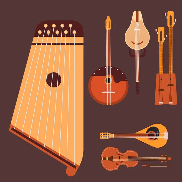 Húros hangszerek klasszikus zenekar művészeti hang eszközt és akusztikus Szimfonikus húros hegedű fából készült eszközök vektoros illusztráció — Stock Vector