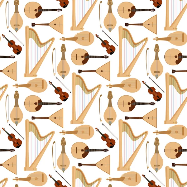 Stringed dreamed musical instruments classical orchestra art sound tool acoustic symphony seamless pattern background wooden equipment vector illustration — Stock Vector