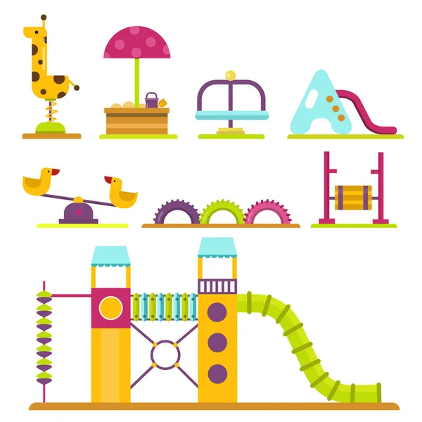 Children playground kindergarten amusement childhood play park activity place recreation swing equipment toy vector illustration — Stock Vector