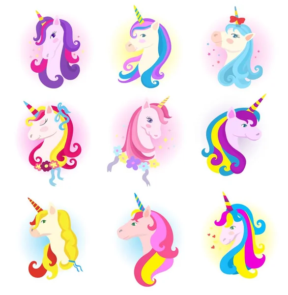 Unicorn vector karakter kuda kartun dengan tanduk ajaib dan surai pelangi pada anak-anak mimpi horsey set fantasi penuh warna hewan untuk anak-anak terisolasi di latar belakang putih - Stok Vektor