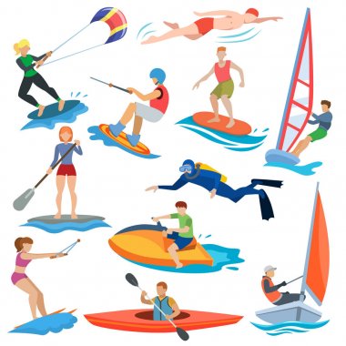 Beyaz arka plan üzerinde sörf veya Rüzgar Sörfü izole sporcu karakter yüzücüler, su spor vektör insanlar aşırı aktivite veya adet rüzgar sörfü ve kitesurfer illüstrasyon ayarla
