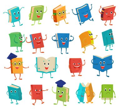 Kitap karakteri vektör karikatür duygu ders kitabı çocukça yüz ifadesi okul illüstrasyon Eğitim Seti beyaz arka plan üzerinde izole kawaii eğitim okuma, not defteri kapağında