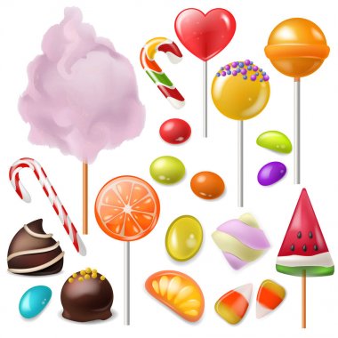 Şeker vektör yiyecek tatlı lolipop veya karamel bonbon şekerleme veya candyshop illüstrasyon küme candyfloss ve tatlım canesugar beyaz arka plan üzerinde izole