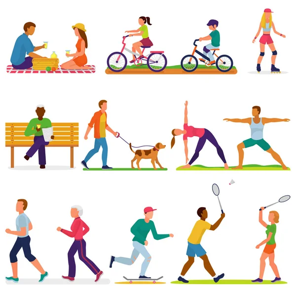 Personas activas vector mujer u hombre personaje en actividades deportivas entrenamiento ejercicios de fitness ejercicio y haciendo yoga ilustración conjunto de adultos y niños ciclismo en bicicleta aislado sobre fondo blanco — Archivo Imágenes Vectoriales